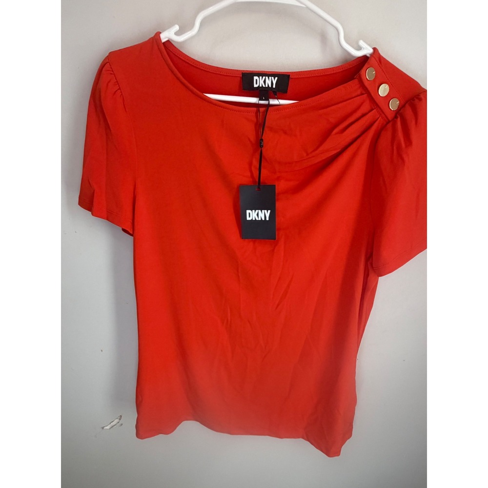 NWT DKNY Button Shoulder Ruched Short Sleeve Top Sundried Tomato Red Size Large